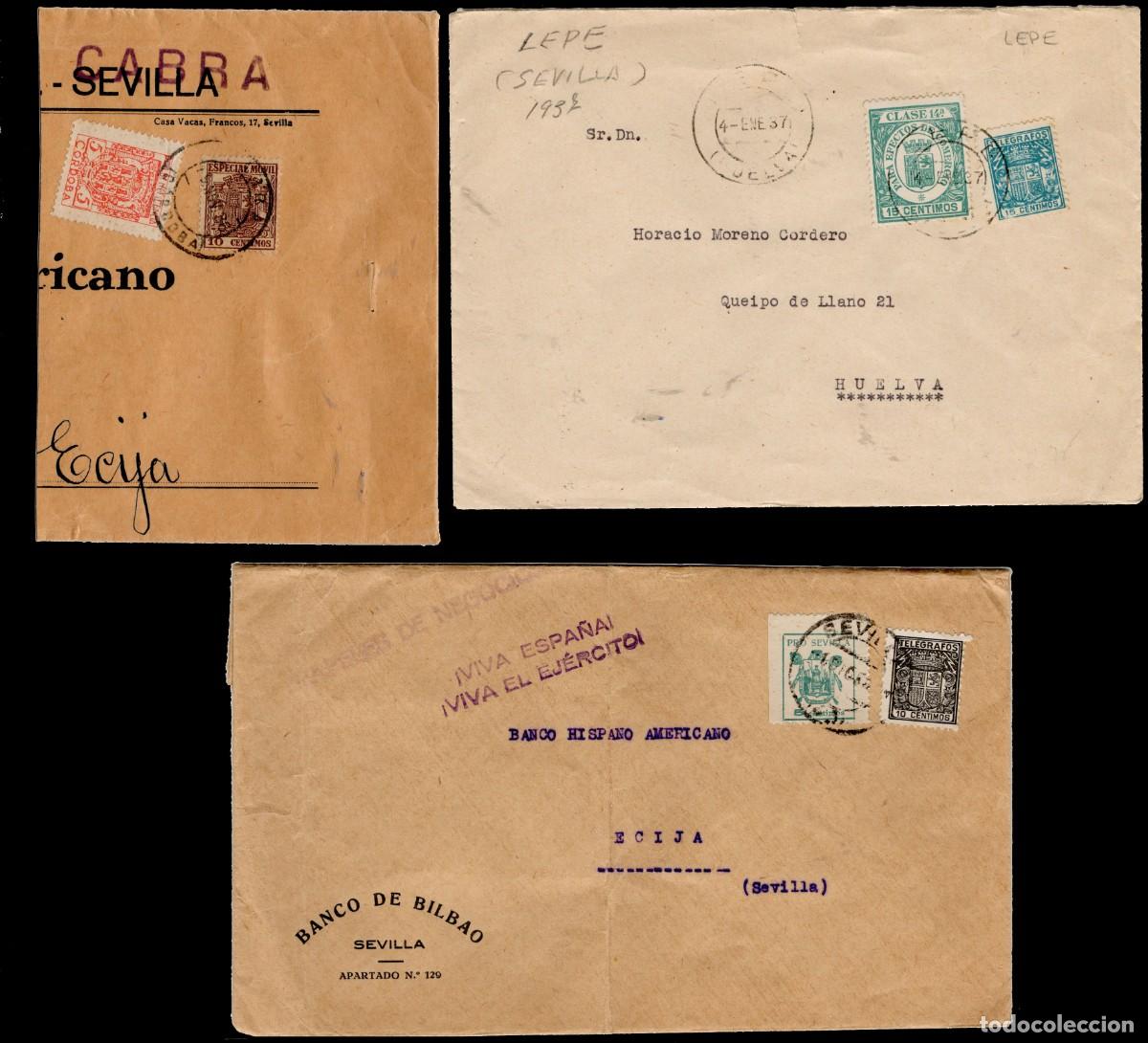 Sellos: tres cartas franqueadas con sellos de tel&eacute;grafos y complementarios