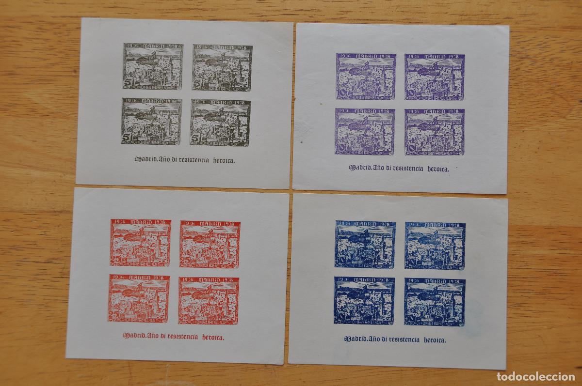 Sellos: HOJAS BLOQUE SIN DENTAR 5,10,25, Y 50 CENTIMOS - MADRID. A&Ntilde;O DE RESISTENCIA HEROICA (1936-1938)