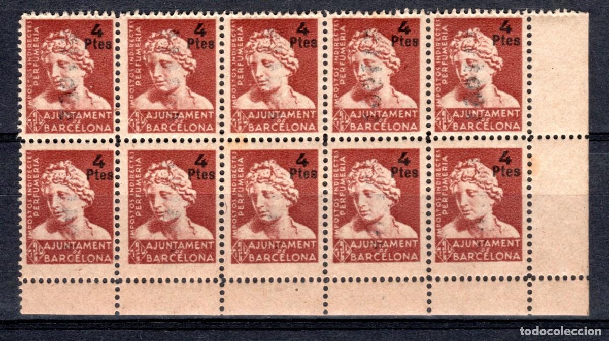 Sellos: AJUNTAMENT DE BARCELONA. IMPOSTOS INDIRECTES PERFUMER&Iacute;A. (BLOQUE DE 10 SELLOS FISCALES). MNH **