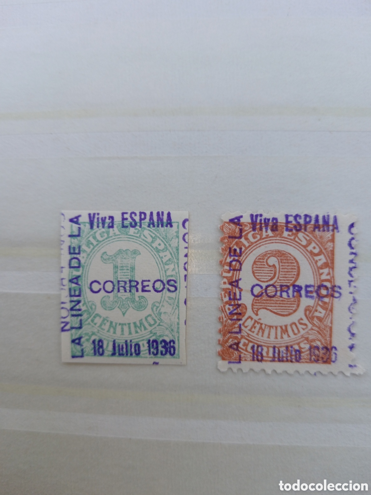Sellos: Lote 4 valores 1,2,5 y 10cts republica espa&ntilde;ola con resell liena de la Concepci&oacute;n 18 julio 1936