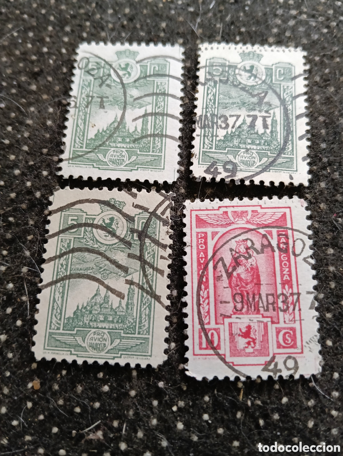 Sellos: Lote de 4 vi&ntilde;etas, de Zaragoza de 5 y 10 cts. todas circuladas.