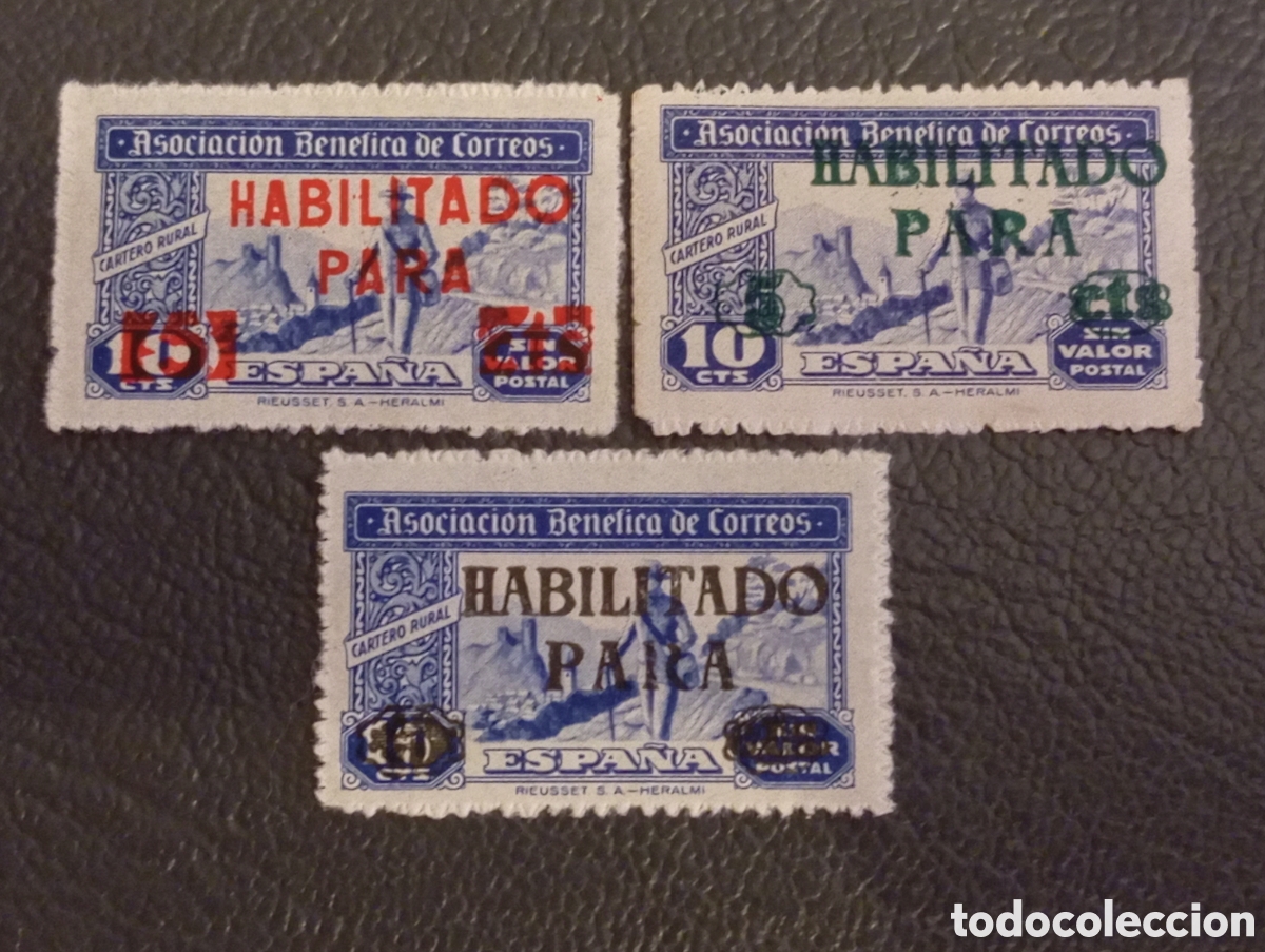 Sellos: Lote 3 Vi&ntilde;etas Beneficencia Correos 1944 - Cartero Rural 10 Cts - &iexcl;Variedad Sobrecarga Verde Muy Des