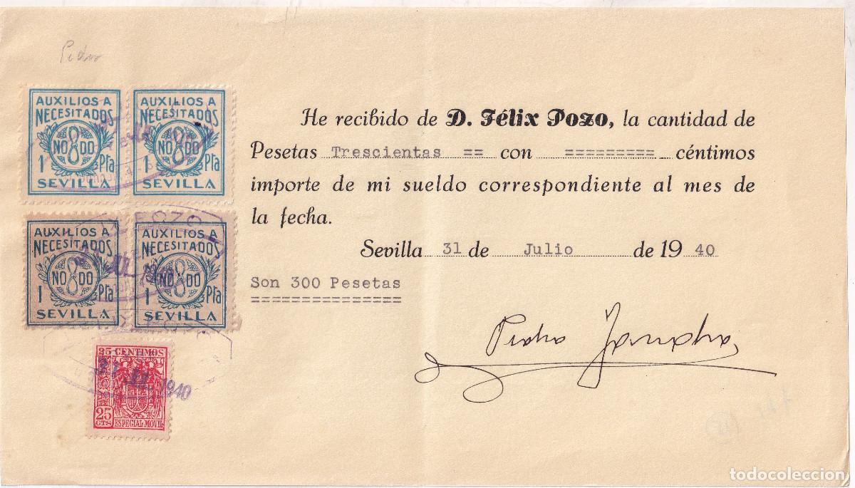 Sellos: RECIBO CON 4 SELLOS DE AUXILIO A NECESITADOS DE SEVILLA, DE 1 PESETA. 1940