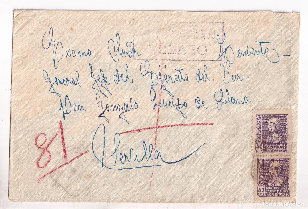 Sellos: SOBRE CERTIFICADO A GERAL QUEIPO DE LLANO. SEVILLA 1939 CENSURA MILITAR OLVERA C&Aacute;DIZ LOCAL BISECTADO