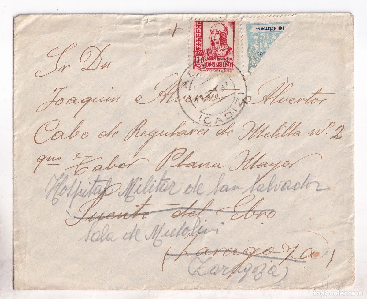 Sellos: SOBRA. ALGAR. C&Aacute;DIZ. 1937. BISECTADO. CENSURA ARCOS DE LA FRONTERA A FUENTE DE EBRO. ZARAGOZA