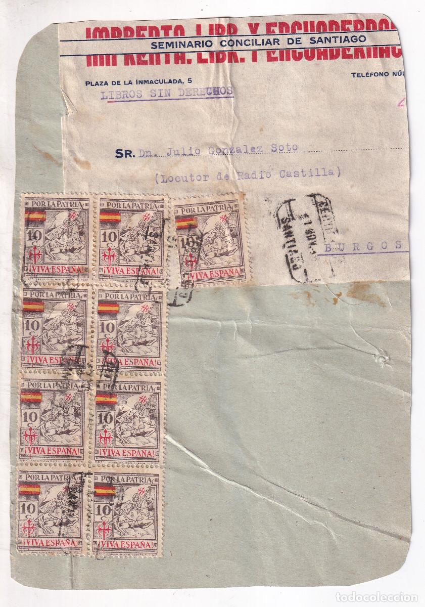 Sellos: FRENTE ENV&Iacute;O LIBROS SIN DERECHOS. CERTIFICADO. SANTIAGO. GALICIA. 1936. SOLO CON PATRI&Oacute;TICOS. RARA