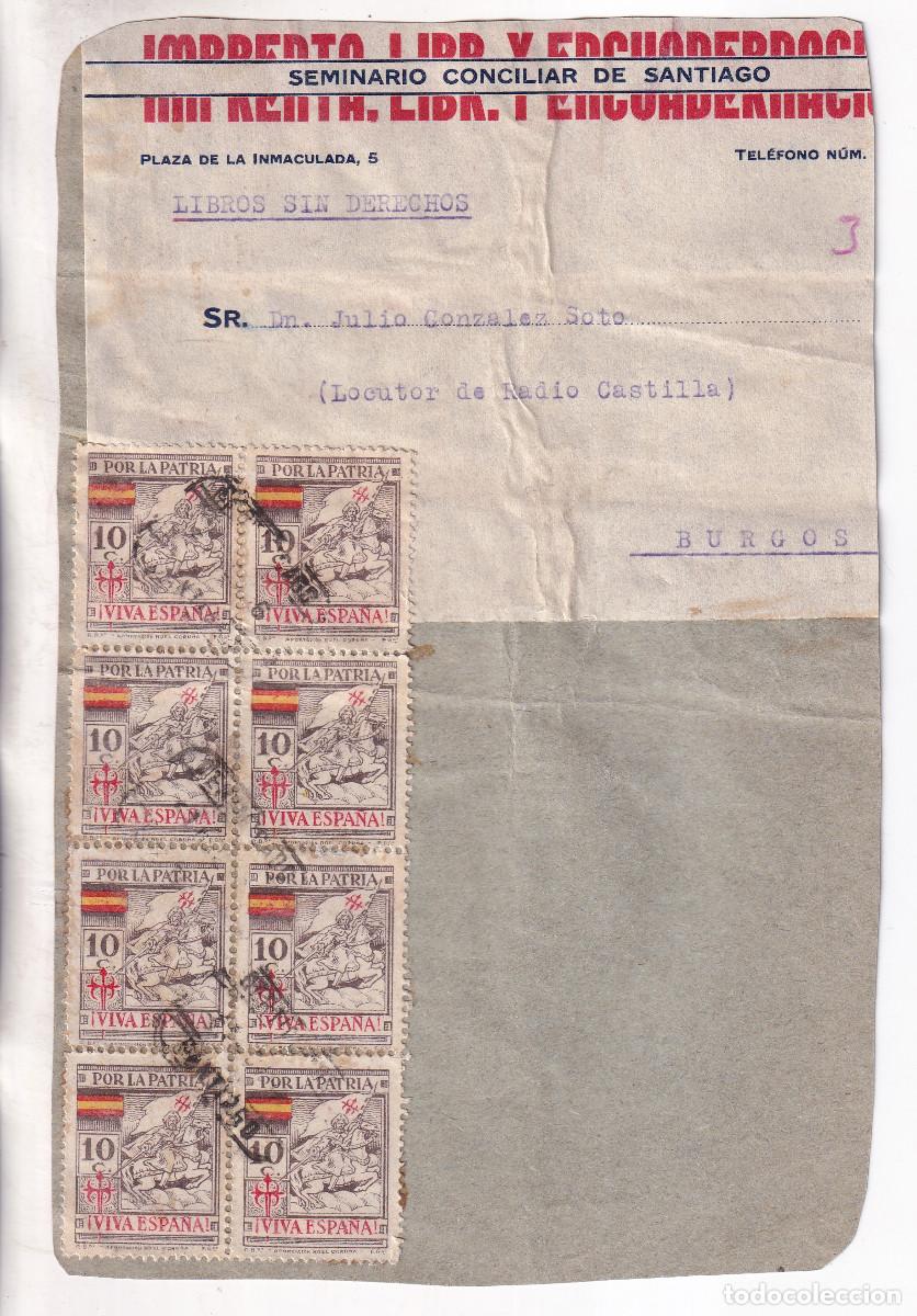 Sellos: FRENTE ENV&Iacute;O LIBROS SIN DERECHOS. CERTIFICADO. SANTIAGO. GALICIA. 1936. SOLO CON PATRI&Oacute;TICOS. RARA