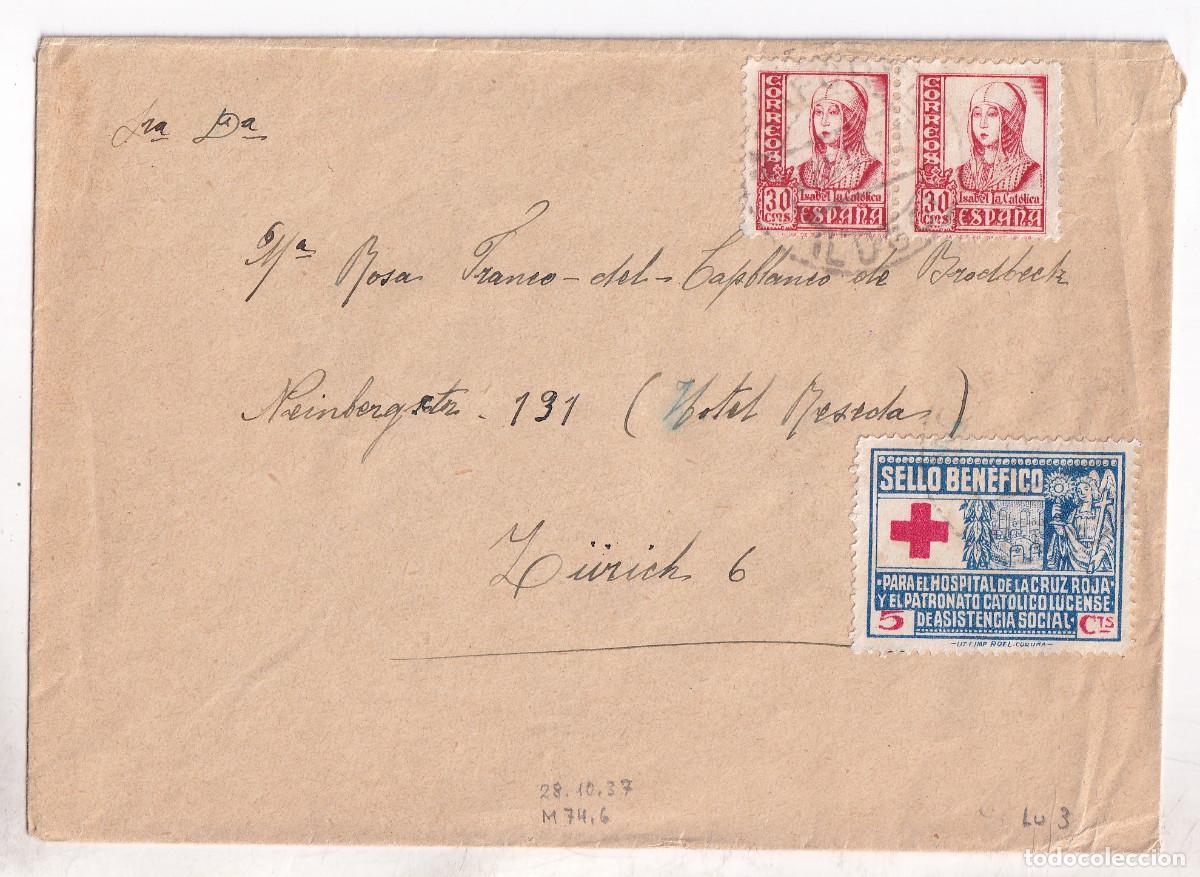 Sellos: SOBRE. MONFORTE DE LEMOS. LUGO. 1937. CENSURA MILITAR AL DORSO. GALICIA. SELLO LOCAL. A SUIZA