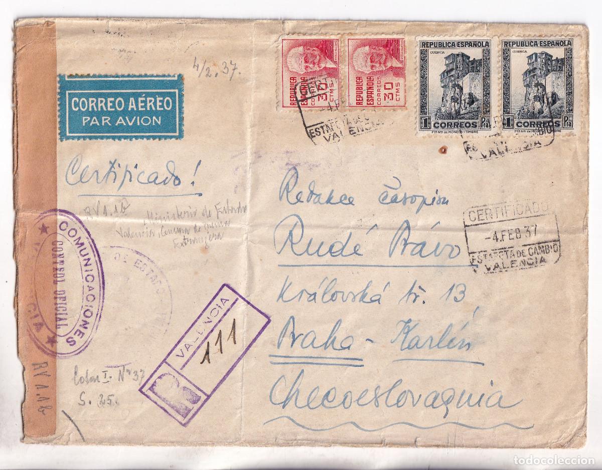 Sellos: SOBRE A&Eacute;REO. CERTIFICADO. VALENCIA A CHECOSLOVAQUIA 1937 CENSURA MILITAR PRENSA EXTRANJERA. MUY RARA