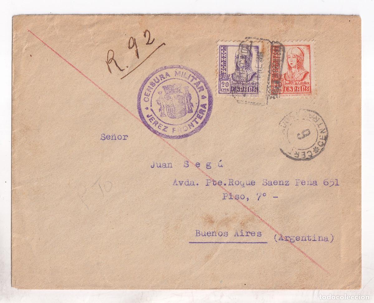 Sellos: SOBRE PUBLICITARIO. CERTIFICADO. JEREZ. C&Aacute;DIZ. 1938. A BUENOS AIRES. CENSURA MILITAR Y LOCAL