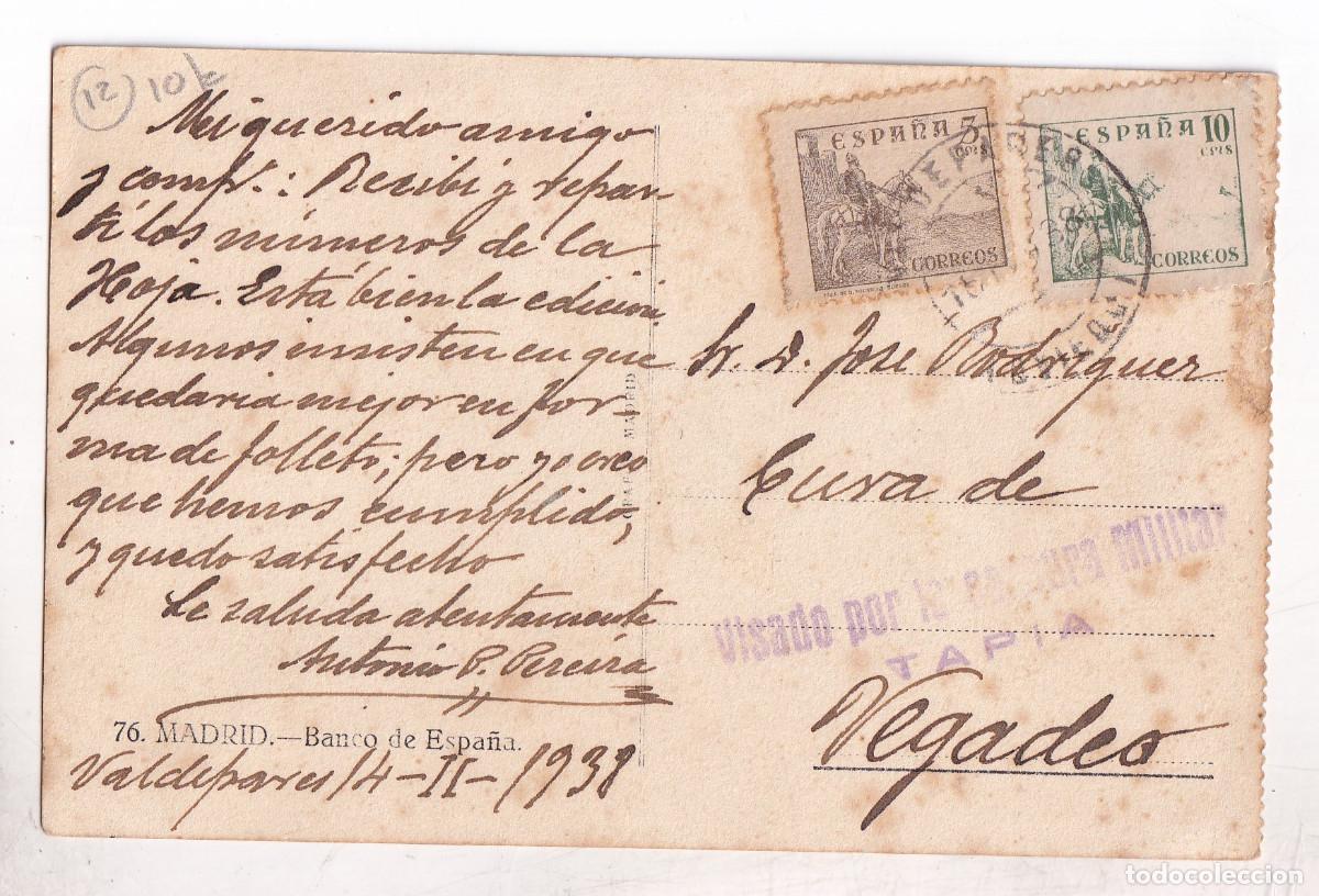 Sellos: POSTAL. VALDEPARES. ASTURIAS. 1938. CENSURA MILITAR DE TAPIA. AL CURA DE VEGADEO