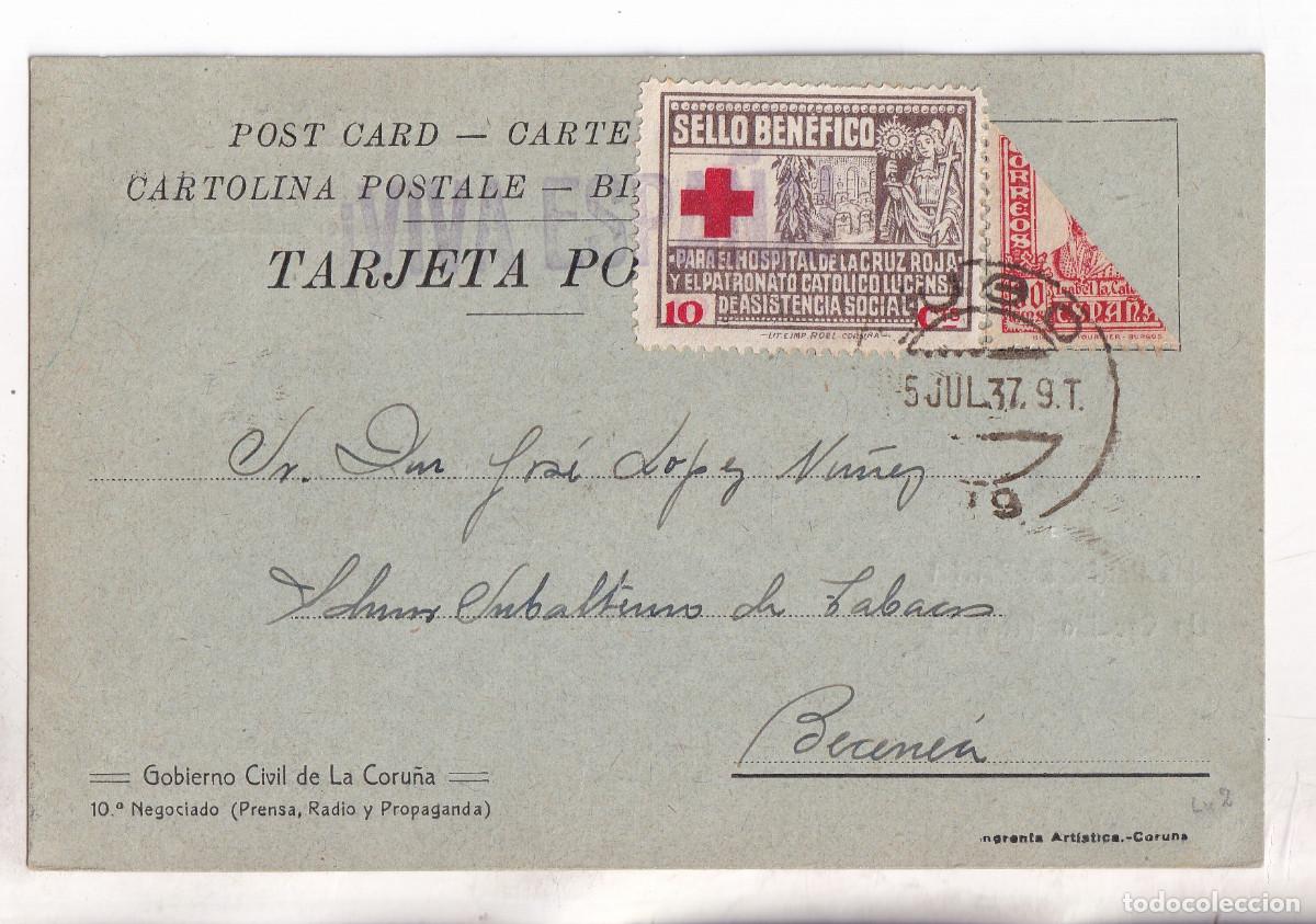Sellos: TARJETA PATRI&Oacute;TICA. LUGO A BECERRE&Aacute;. 1937. LOCAL Y BISECTADO. GALICIA