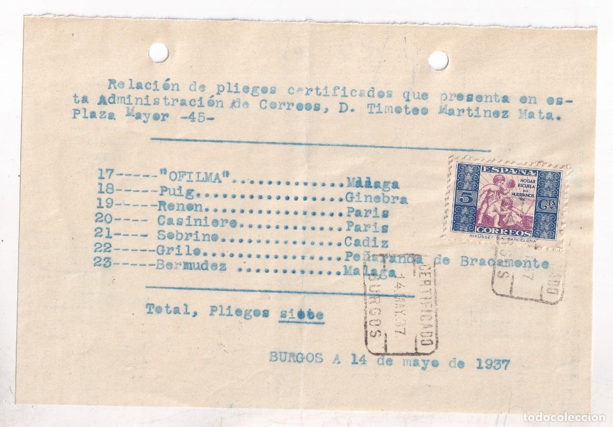 Sellos: RESGUARDO CERTIFICADOS A FILAT&Eacute;LICOS. BURGOS. 1937. HU&Eacute;RFANOS CORREOS