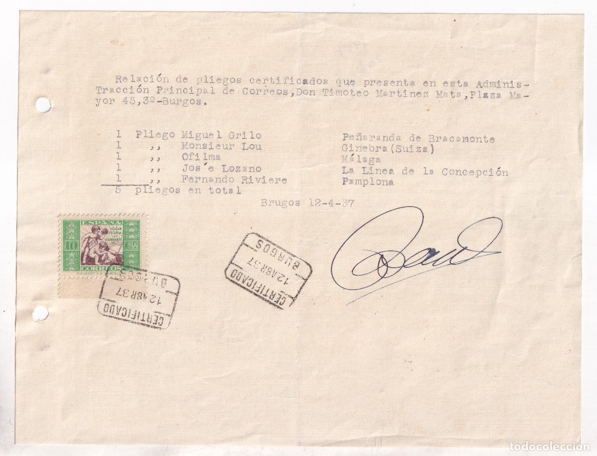 Sellos: RESGUARDO CERTIFICADOS A FILAT&Eacute;LICOS. BURGOS. 1937. HU&Eacute;RFANOS CORREOS