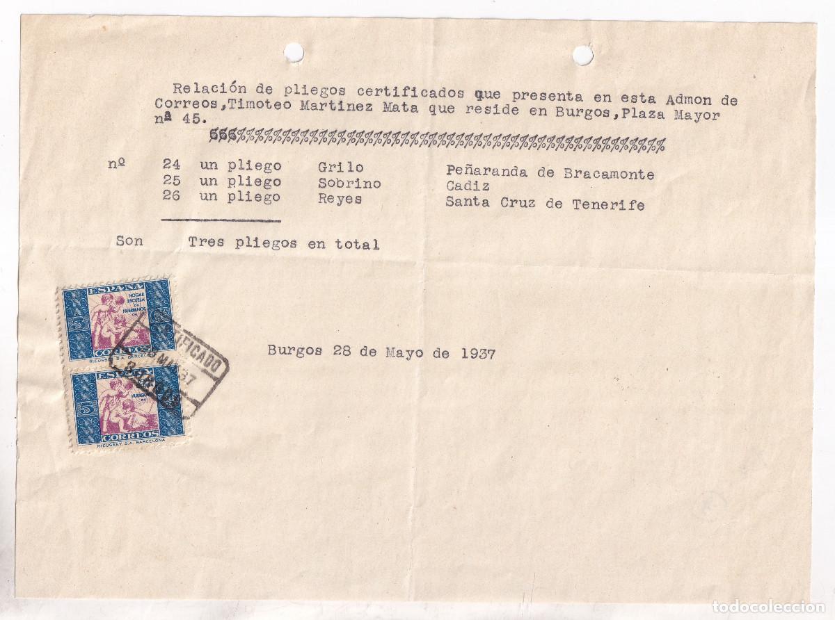 Sellos: RESGUARDO CERTIFICADOS A FILAT&Eacute;LICOS. BURGOS. 1937. HU&Eacute;RFANOS CORREOS