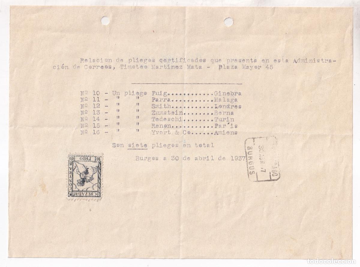 Sellos: RESGUARDO CERTIFICADOS A FILAT&Eacute;LICOS. BURGOS. 1937. CRUZADA CONTRA EL FR&Iacute;O