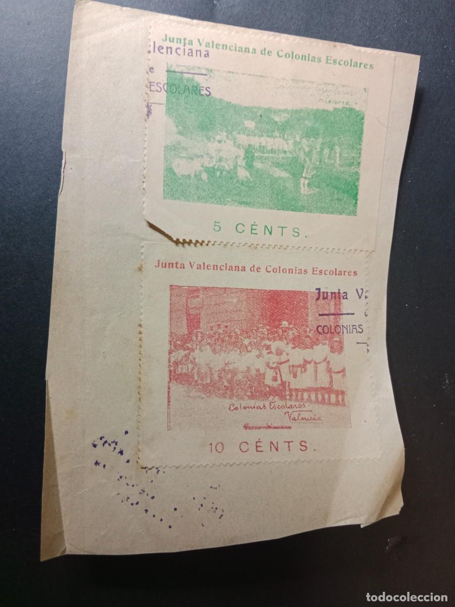 Sellos: RARISIMAS VI&Ntilde;ETAS DE LA JUNTA VALENCIANA DE COLONIAS ESCOLARES - 5 y 10 CENTS CON MATASELLO