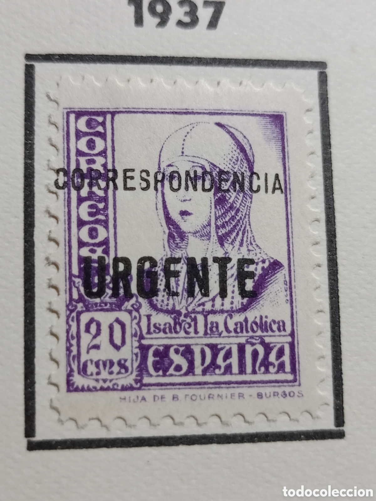 Sellos: Sello Edifil 821 - Estado Espa&ntilde;ol, Isabel Cat&oacute;lica, A&ntilde;o 1937, 20 C&eacute;ntimos, Cts. - Violeta