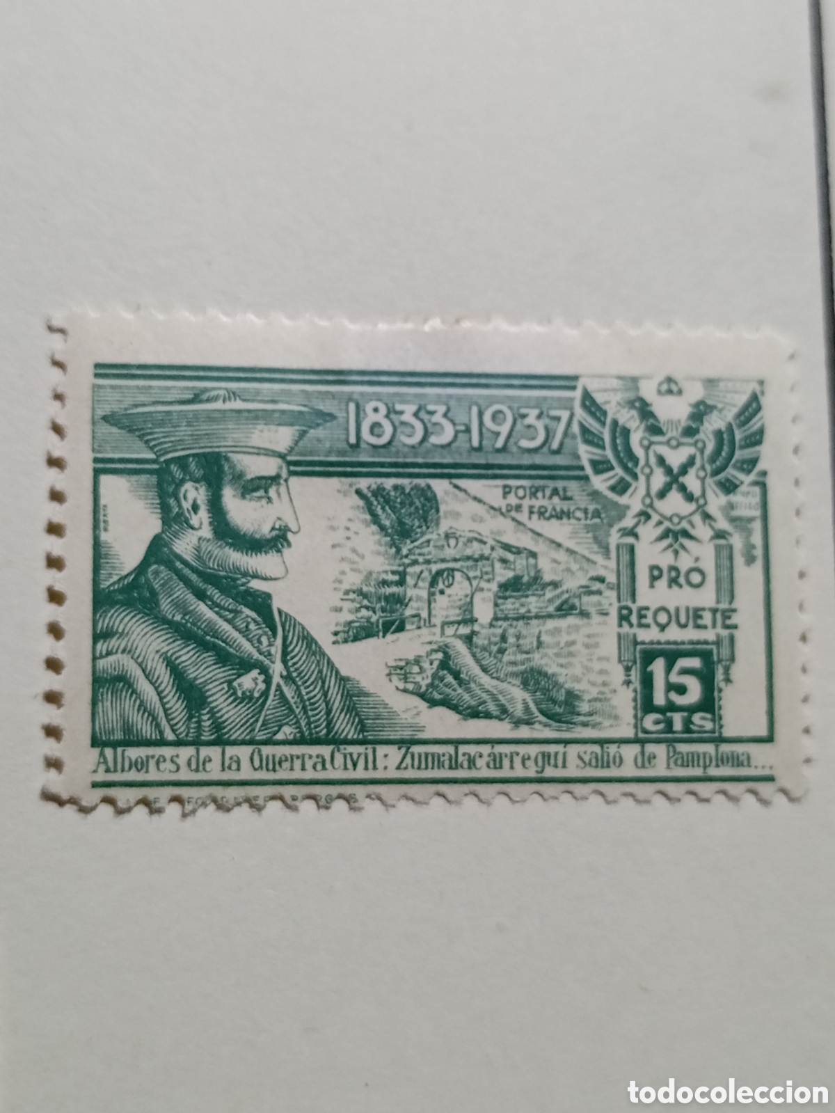 Sellos: Vi&ntilde;eta Carlista pro requete 15 centimos Pamplona Navarra guerra civil Zumalacarregui
