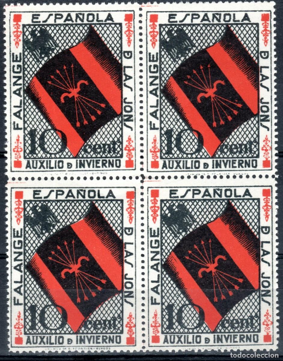 Sellos: AUXILIO DE INVIERNO. FALANGE ESPA&Ntilde;OLA DE LAS JONS. BANDERA DE FALANGE Y &Aacute;GUILA. 10 CTS. ALLEPUZ 14.