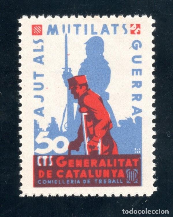 Sellos: AJUT ALS MUTILATS DE GUERRA. GENERALITAT DE CATALUNYA. CONSELLERIA DE TREBALL. 50 CTS.