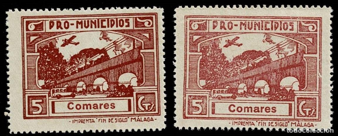Sellos: A7-3-8 Guerra Civil COMARES (Malaga) Fesofi n&ordm; 2 Valor 5 cts Importante Variedad del Color CARMIN V