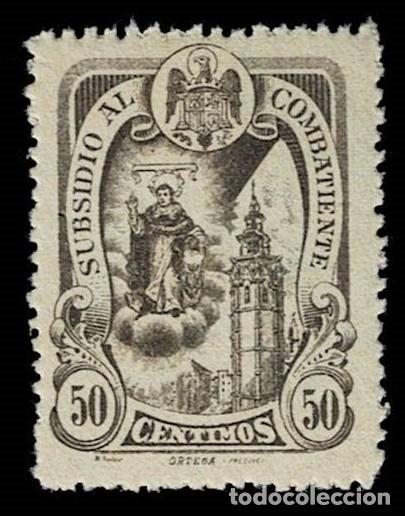Sellos: A6-5 Guerra Civil VALENCIA Subsidio AL COMBATIENTE fESOFI N&ordm; 74 Valor 50 cts Color CASTA&Ntilde;O Con fija