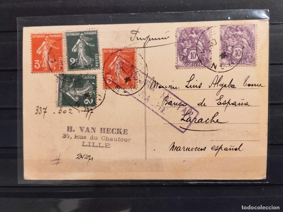 Sellos: POSTAL CIRCULADA DE LILLE (FRANCIA) A LARACHE (MARRUECOS). CENSURA MILITAR DE LARACHE 1937.