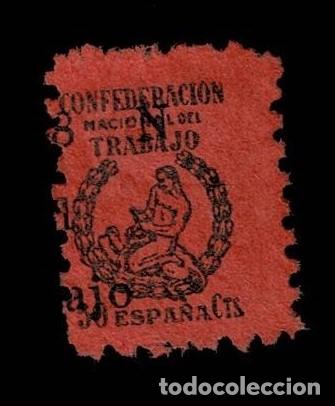 Sellos: 0184 Guerra Civil Confederacion Nacional de Trabajo C.N.T. Valor 50 cts Color NEGRO s. NARANJA Sin g