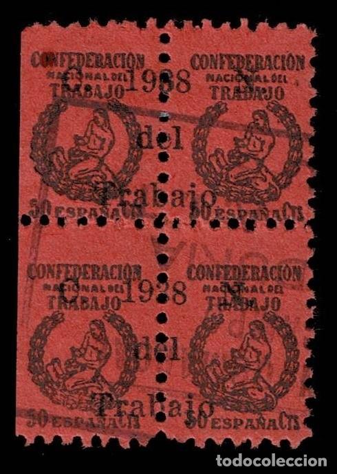 Sellos: 0184 Guerra Civil Confederacion Nacional de Trabajo C.N.T. Bloque de 4 Valor 50 cts Color NEGRO s. N