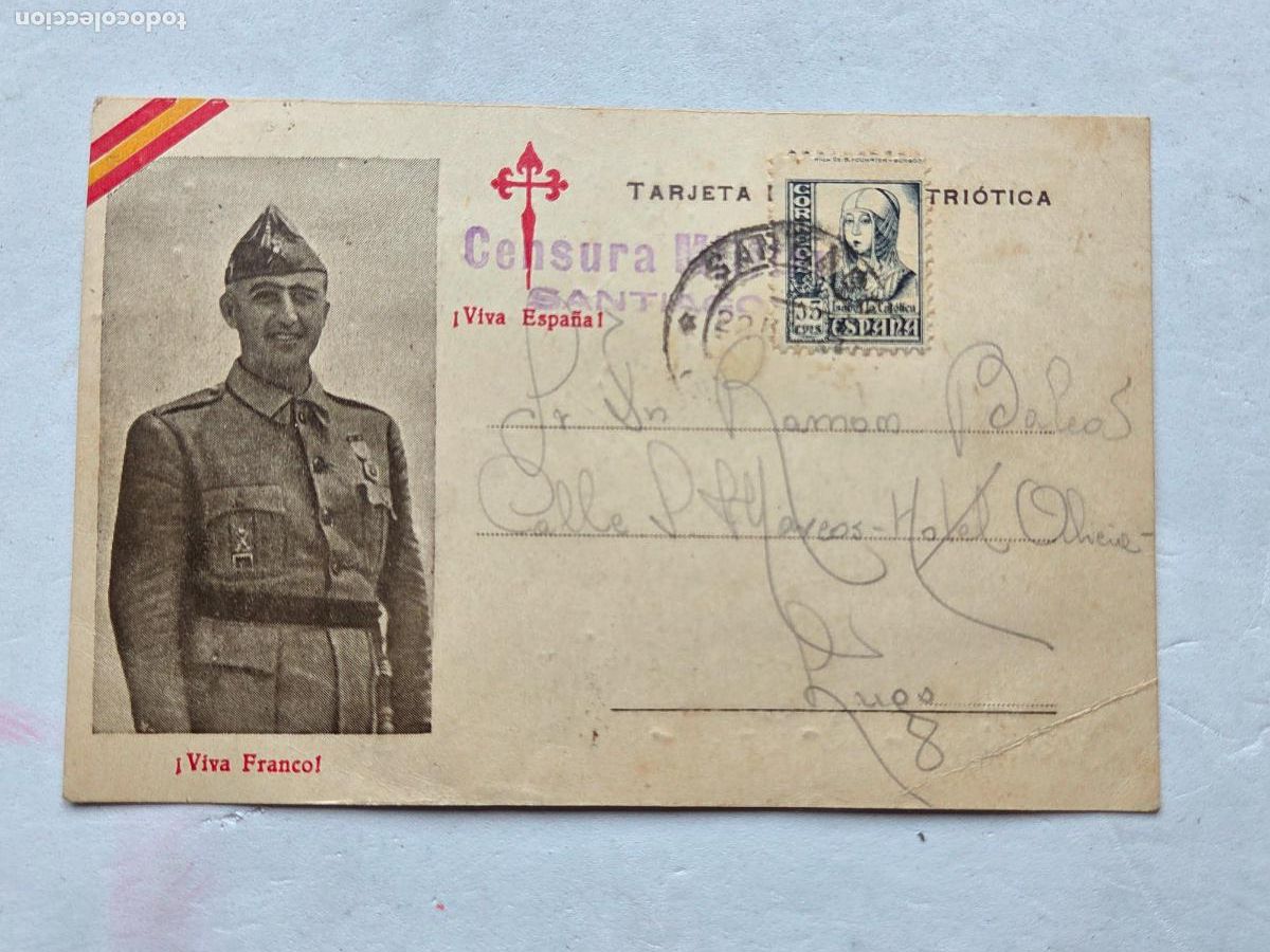 Sellos: FRANCO - 1937 - CENSURA MILITAR SANTIAGO - TARJETA PATRIOTICA - A LUGO - GALICIA