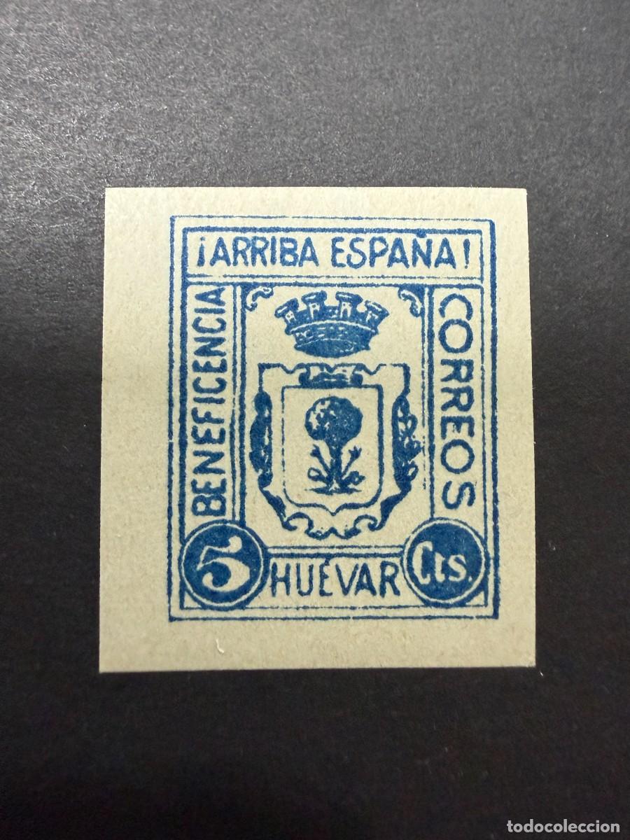 Sellos: HUEVAR. BENEFICENCIA. ARRIBA ESPA&Ntilde;A. 5 CTS. AZUL. CON FIJASELLOS
