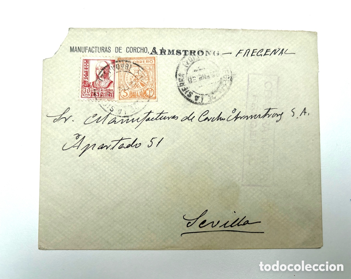 Sellos: Guerra Civil Espa&ntilde;ola (1938) - Manufacturas de Corcho Armstrong (Fregenal a Sevilla)