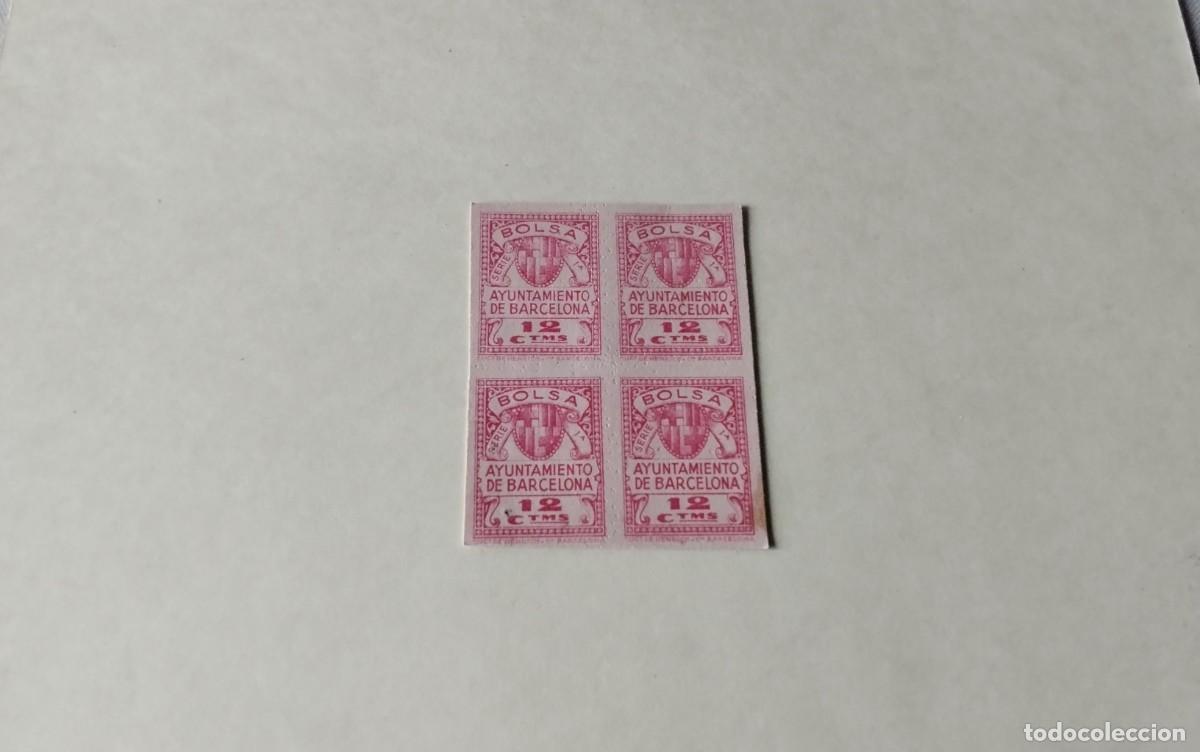 Sellos: BARCELONA , CUATRO VI&Ntilde;ETAS DE 12 CTS SIN DENTAR DE LA BOLSA , AYUNTAMIENTO DE BARCELONA