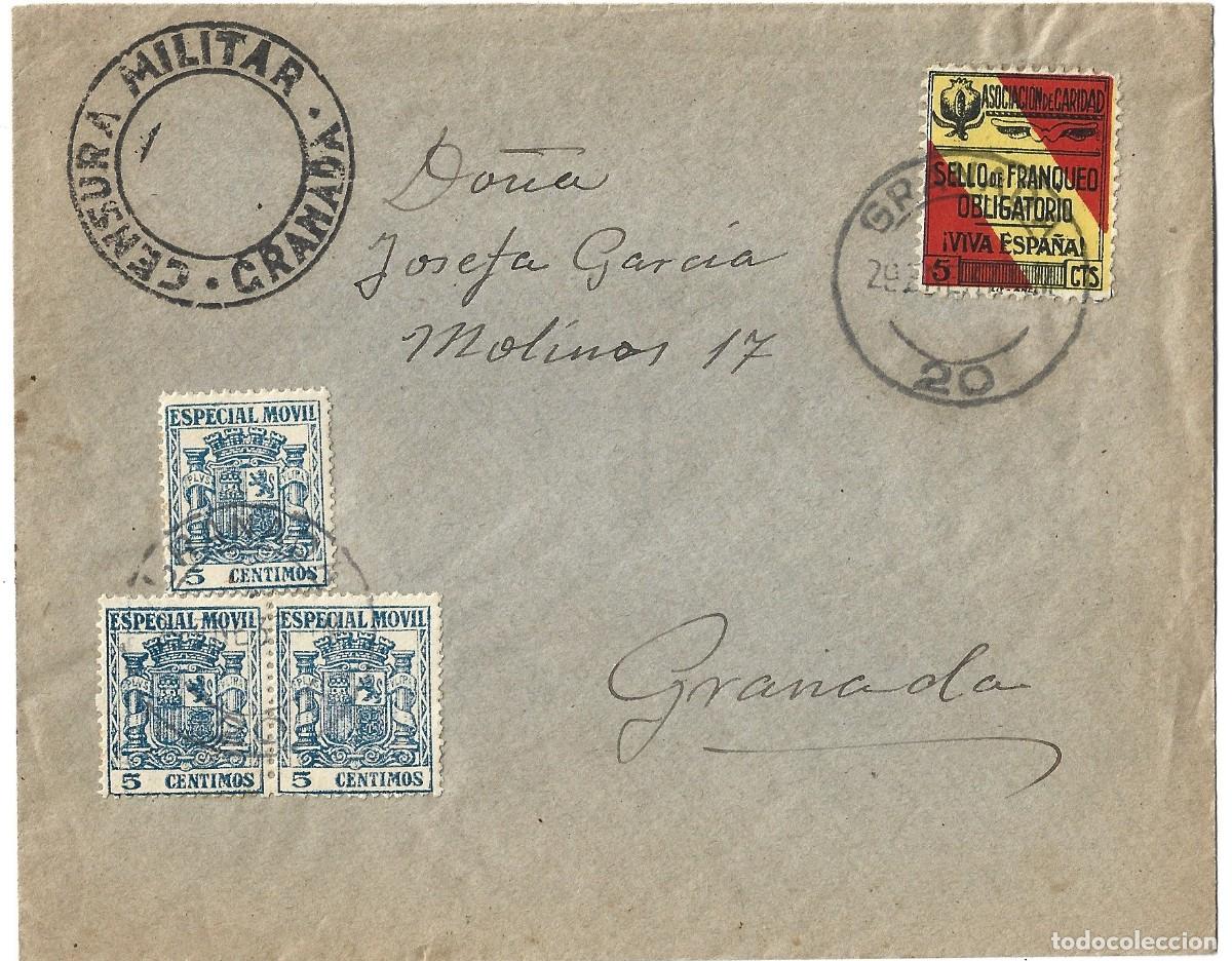 Sellos: 1937 carta sobre guerra civil Granada interior. Franqueo 5c especial m&oacute;vil (x3) + vi&ntilde;eta