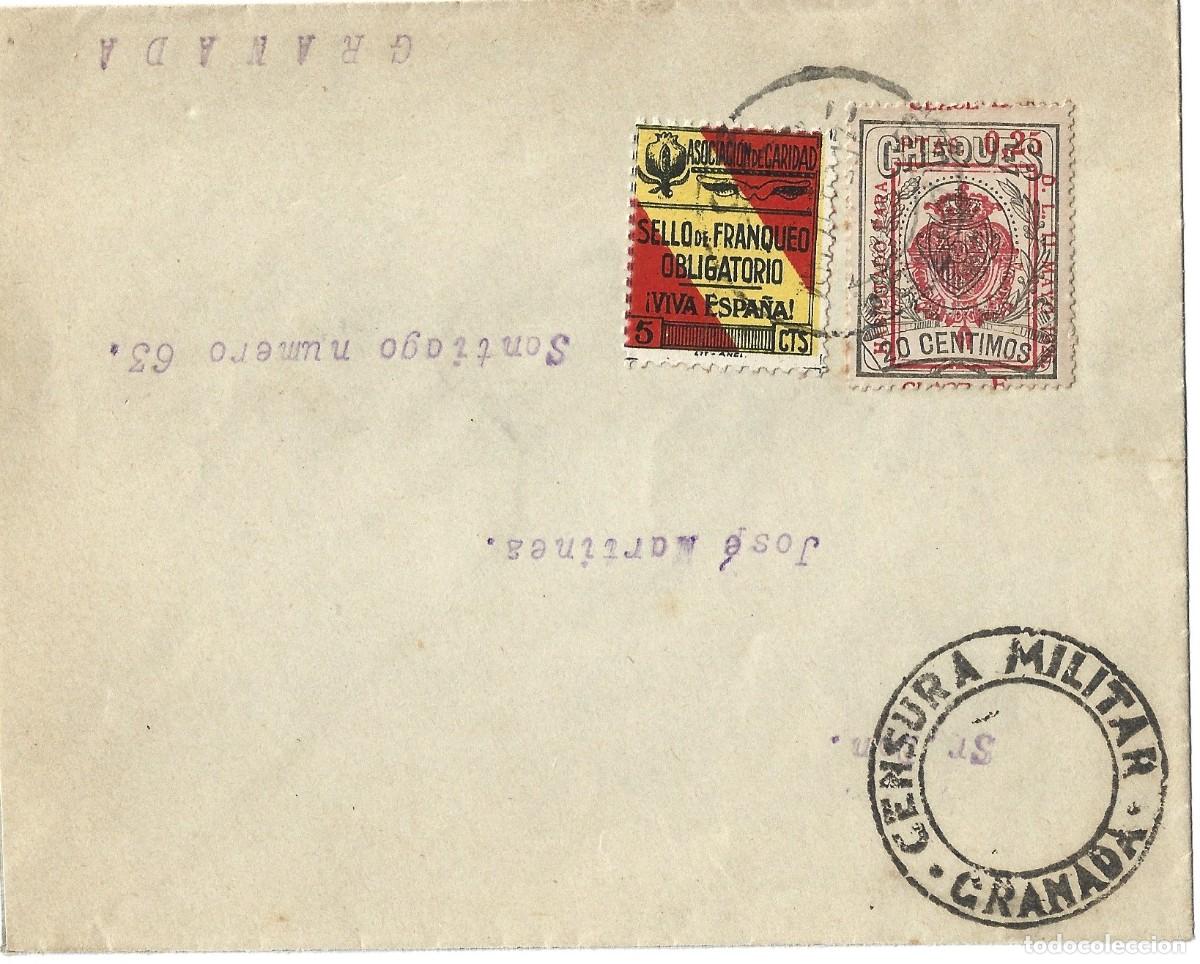 Sellos: 1937 carta sobre guerra civil Granada interior. Franqueo 20c CHEQUES sobrecargado + vi&ntilde;eta