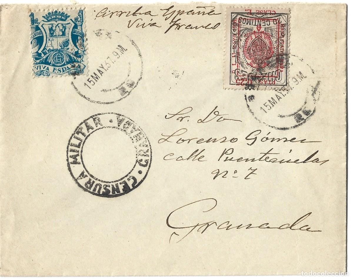 Sellos: 1937 carta sobre guerra civil Granada interior. Franqueo 20c CHEQUES sobrecargado + vi&ntilde;eta