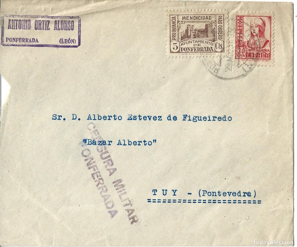 Sellos: 1937 carta sobre guerra civil Ponferrada Le&oacute;n a Pontevedra. Vi&ntilde;eta mendicidad