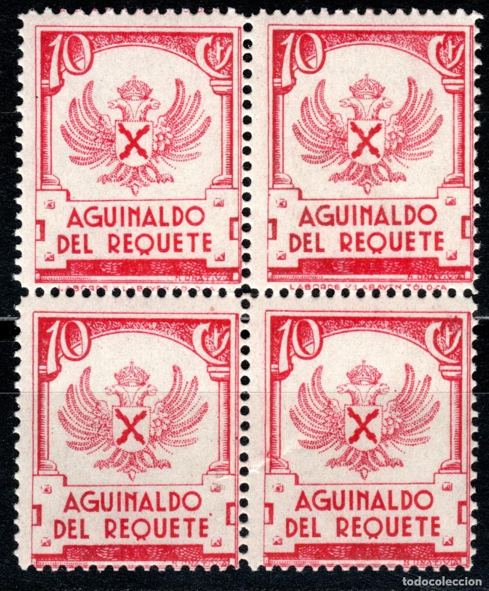 Sellos: AGUINALDO DEL REQUET&Eacute;. AGUILA BIC&Eacute;FALA Y CRUZ DE SAN ANDR&Eacute;S. 10 CTS. (BLOQUE DE 4). ALLEPUZ 1.