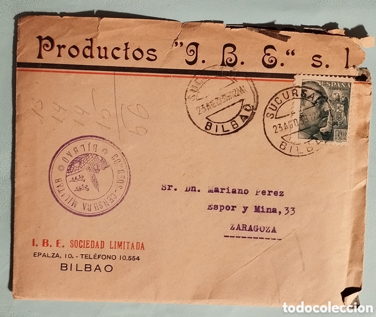 Sellos: BILBAO, CENSURA MILITAR DE CORREOS , SOBRE Y FACTURA ANTIGUA PUBLICIDAD 1939 , I.B.E.