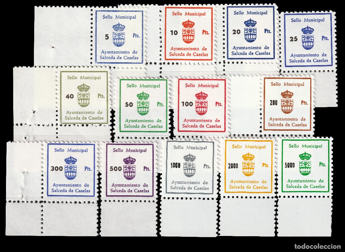 Sellos: *** RARA SERIE COMPLETA DE 13 VALORES DE SALCEDA DE CASELAS (PONTEVEDRA) BORDE DE HOJA ***