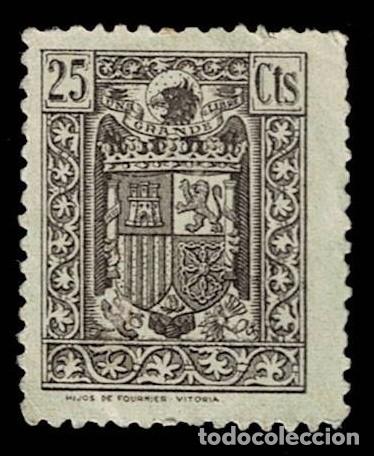 Sellos: F1-22 Fiscal Postal Edifil n&ordm; 36. Valor 25 cts color CASTA&Ntilde;O pie Hijos de Fournier - Vitoria Con fij