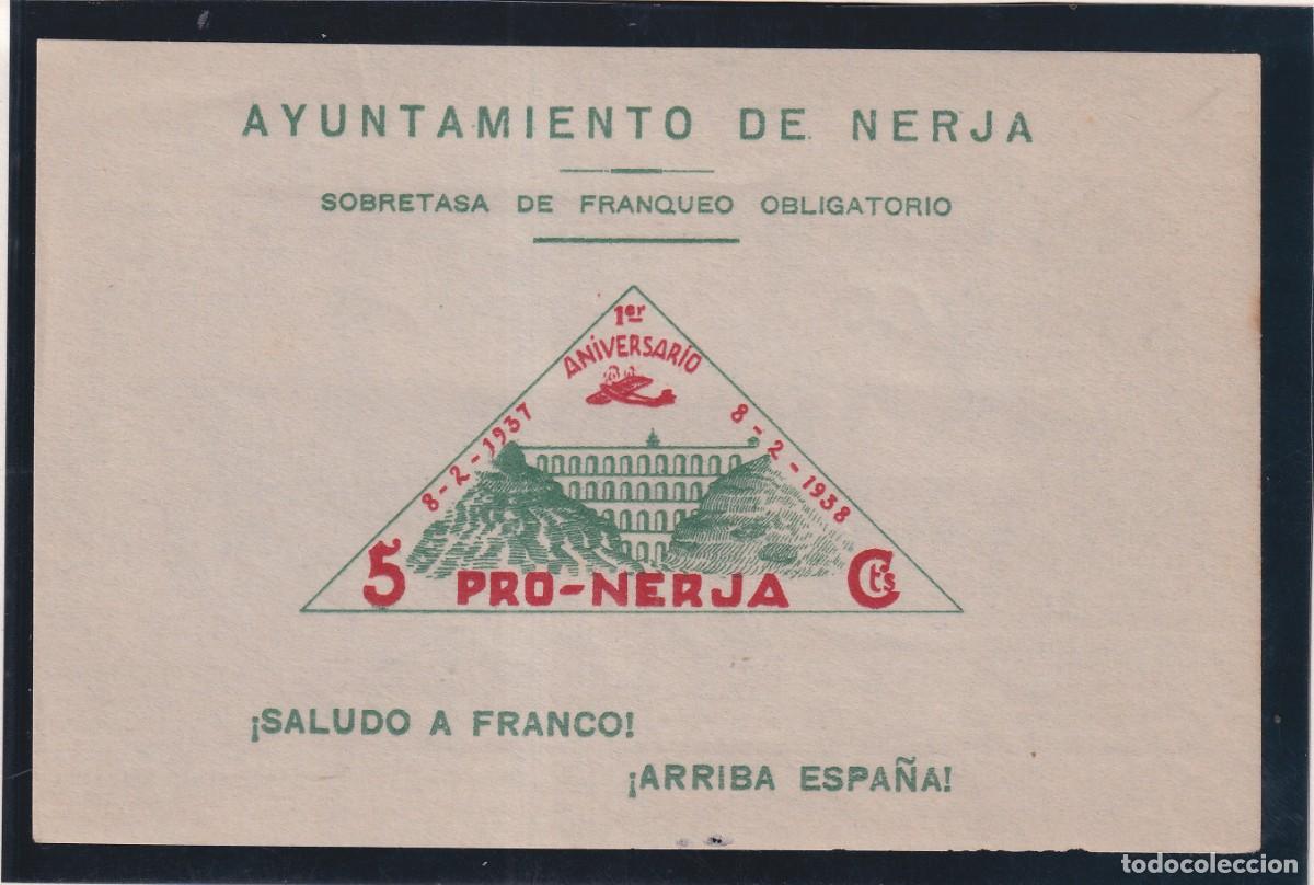 Sellos: AYUNTAMIENTO DE NERJA - SOBRETASA DE FRANQUEO OBLIGATORIO - 5 CTS PRO-NERJA - SALUDO A FRANCO -NUEVO