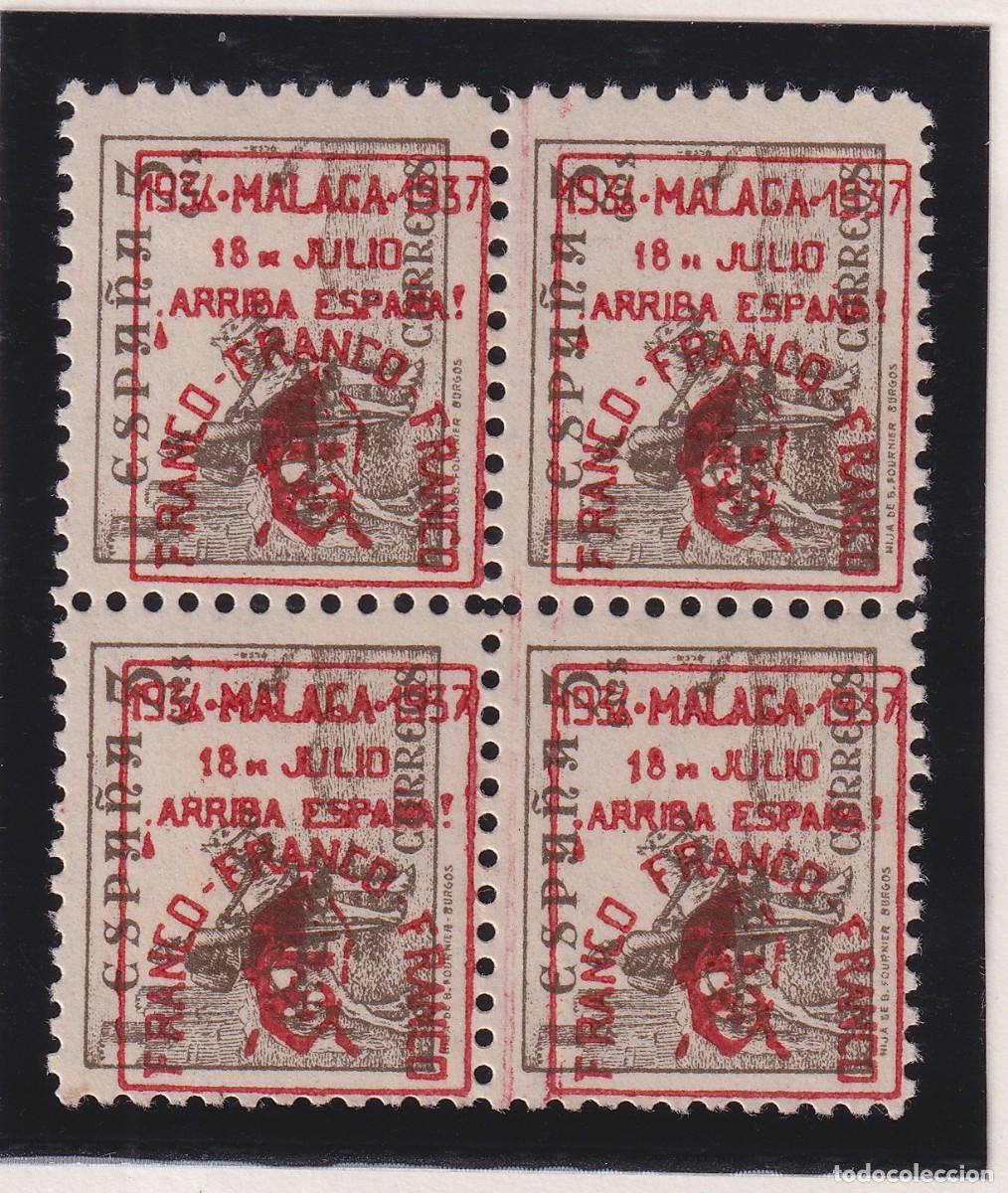 Sellos: BLOQUE DE 4 SELLOS - SOBRECARGA MALAGA 1937 18 DE JULIO FRANCO ARRIBA ESPA&Ntilde;A - EN ROJO