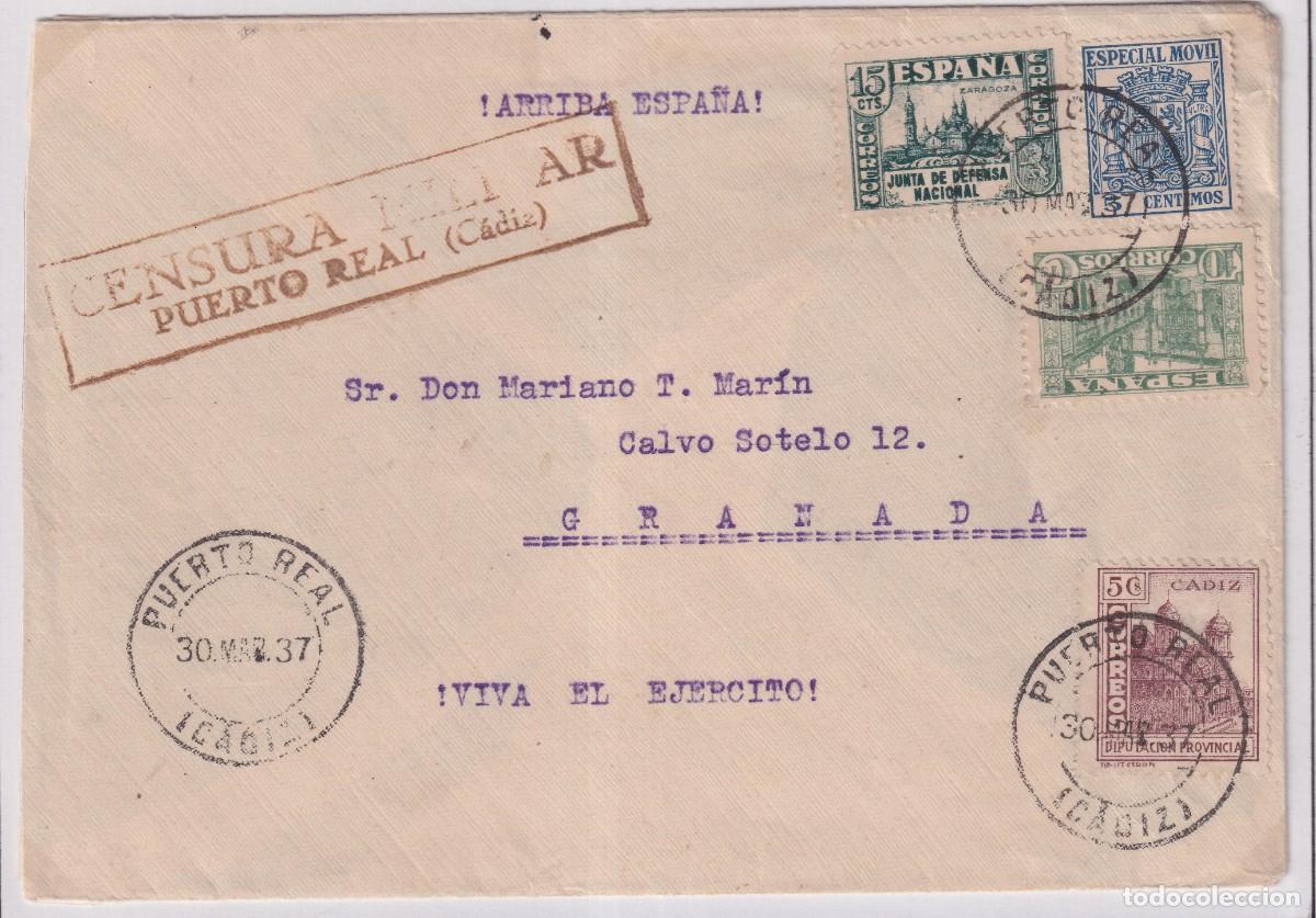 Sellos: PUERTO REAL - CENSURA MILITAR N&ordm; 1 EN SEPIA - 1937 - VER FOTO ADICIONAL