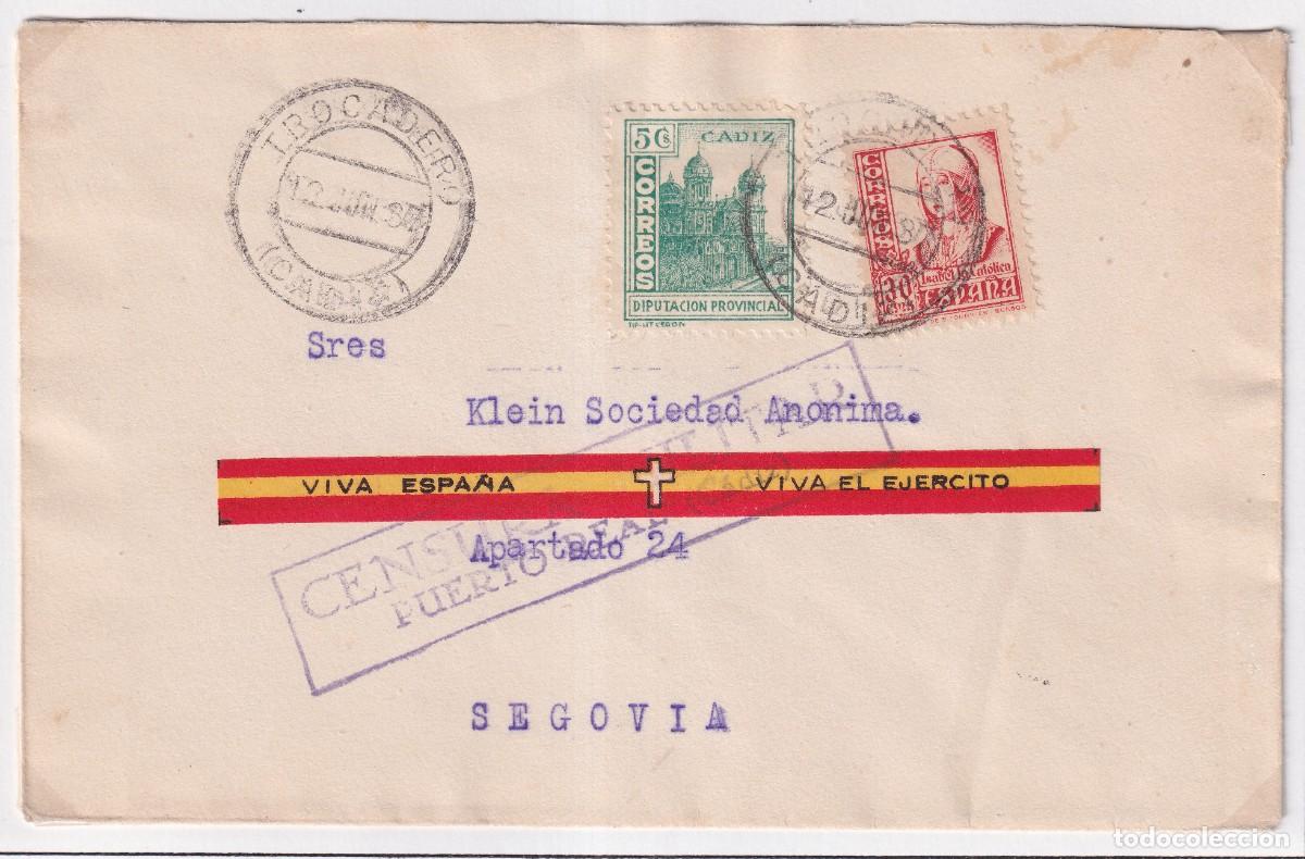 Sellos: PUERTO REAL - CENSURA MILITAR N&ordm; 1 - VIOLETA - 1937 - MATASELLO TROCADERO
