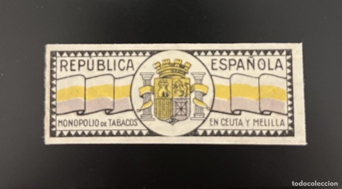 Sellos: Republica Espa&ntilde;ola Etiqueta.Monopolio tabaco en Ceuta y Melilla