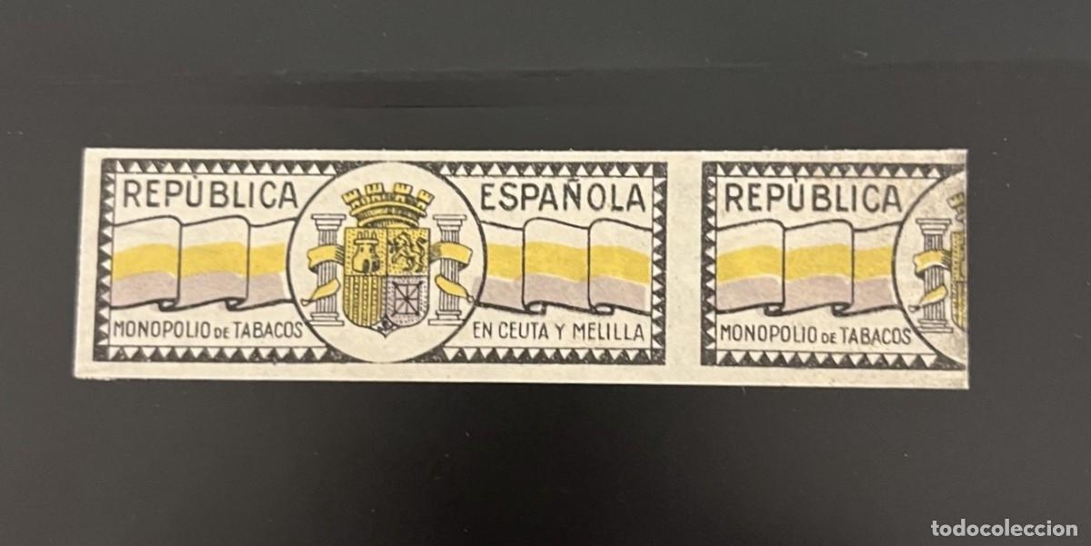 Sellos: Republica Espa&ntilde;ola Etiqueta.Monopolio tabaco en Ceuta y Melilla