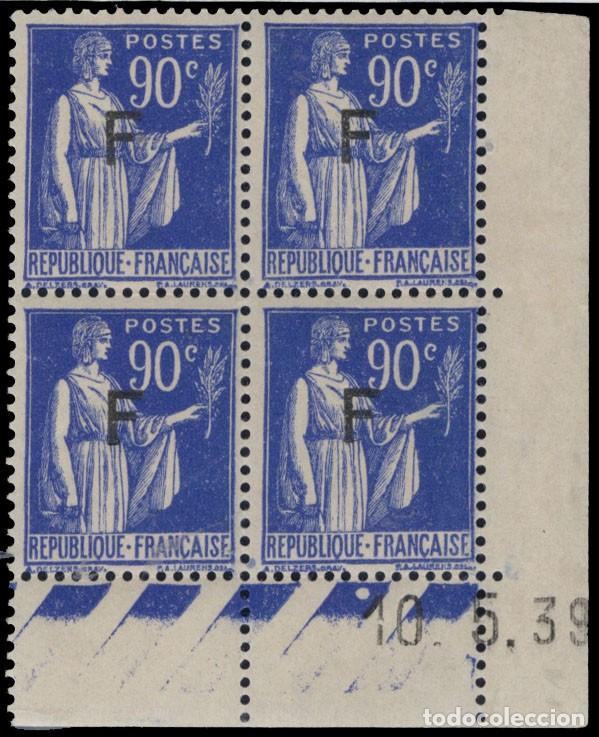 Sellos: FRANCIA, f 10, franquicia de los refugiados de la guerra de Espa&ntilde;a, Bl. de 4, coin dat&eacute;