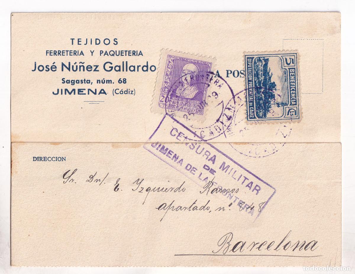 Sellos: TARJETA. JIMENA DE LA FRONTERA. C&Aacute;DIZ. 1939. FECHADOR VIOLETA. CENSURA MILITAR